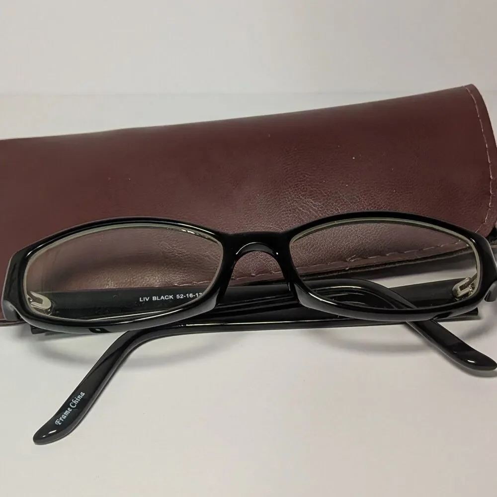 Black Rimmed Rectangle Prescription Glasses unknown script w/ case EUC